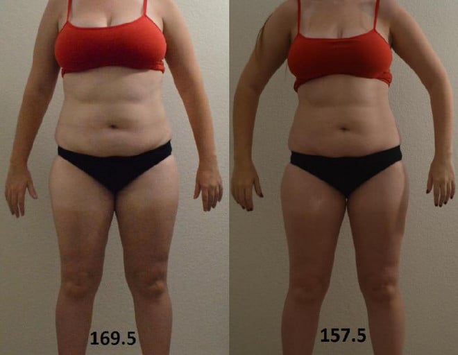 A before and after photo of a 5'5" female showing a weight cut from 169 pounds to 157 pounds. A respectable loss of 12 pounds.