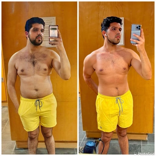 A before and after photo of a 5'9" male showing a weight reduction from 198 pounds to 174 pounds. A respectable loss of 24 pounds.