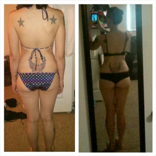 A before and after photo of a 5'6" female showing a snapshot of 123 pounds at a height of 5'6