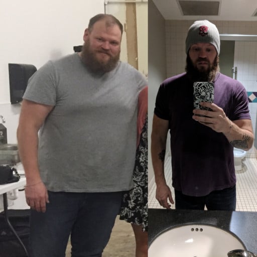 A picture of a 6'4" male showing a weight loss from 365 pounds to 234 pounds. A net loss of 131 pounds.
