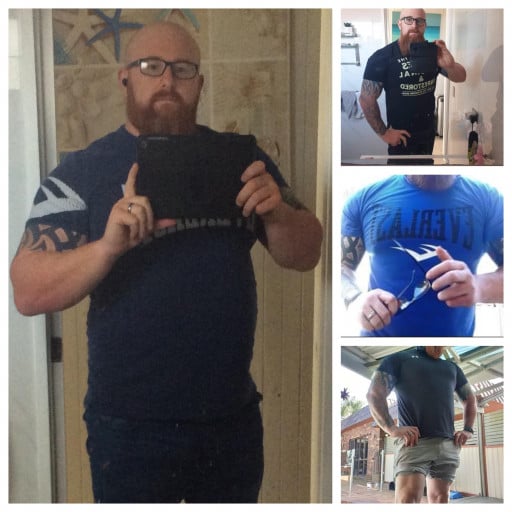 A progress pic of a 6'1" man showing a fat loss from 330 pounds to 260 pounds. A total loss of 70 pounds.