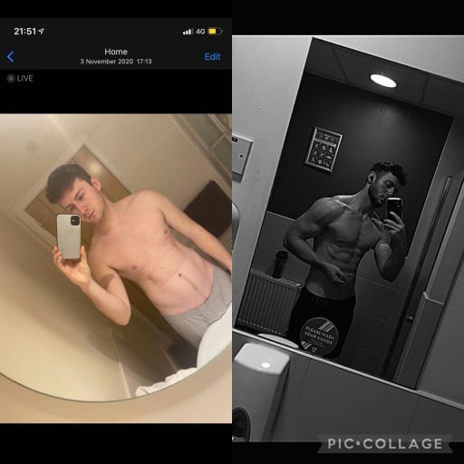 A before and after photo of a 6'1" male showing a weight bulk from 163 pounds to 200 pounds. A respectable gain of 37 pounds.