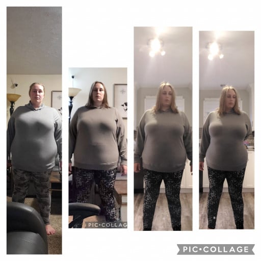 A photo of a 5'4" woman showing a weight cut from 310 pounds to 255 pounds. A net loss of 55 pounds.