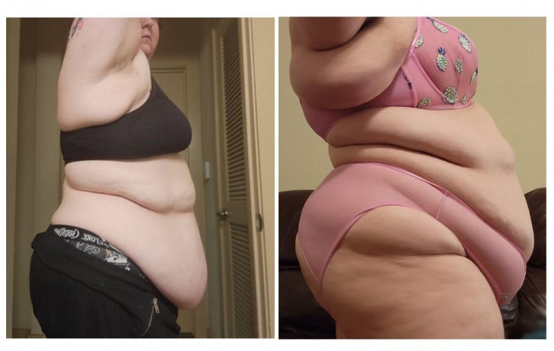 A progress pic of a 5'2" woman showing a fat loss from 345 pounds to 279 pounds. A respectable loss of 66 pounds.