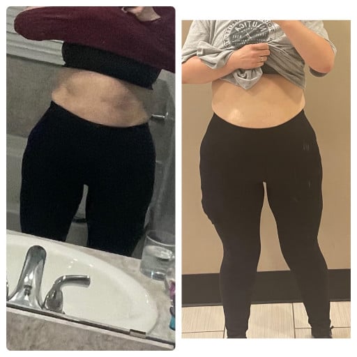 A progress pic of a 5'6" woman showing a fat loss from 208 pounds to 202 pounds. A respectable loss of 6 pounds.