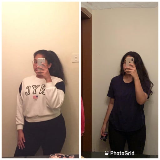 A progress pic of a 5'6" woman showing a fat loss from 209 pounds to 182 pounds. A respectable loss of 27 pounds.
