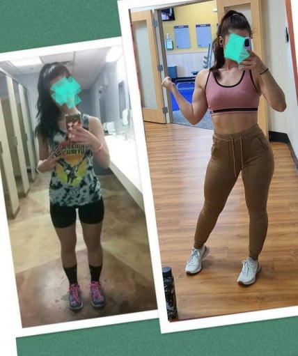 A before and after photo of a 5'3" female showing a weight gain from 100 pounds to 130 pounds. A net gain of 30 pounds.