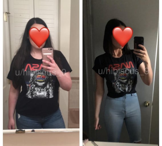 A before and after photo of a 5'7" female showing a weight reduction from 217 pounds to 137 pounds. A respectable loss of 80 pounds.