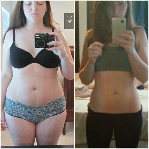A photo of a 5'7" woman showing a weight loss from 215 pounds to 153 pounds. A respectable loss of 62 pounds.