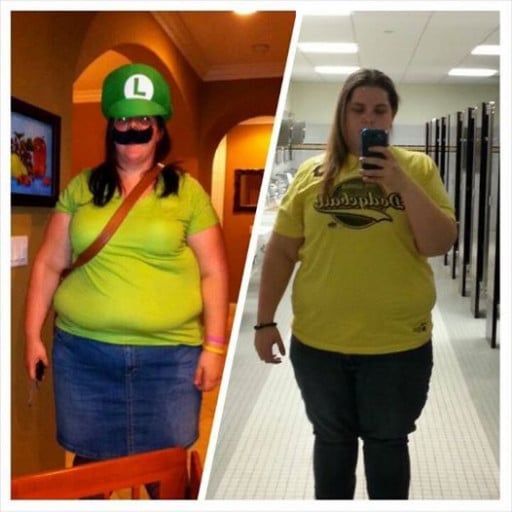 A picture of a 5'7" female showing a weight loss from 386 pounds to 259 pounds. A net loss of 127 pounds.