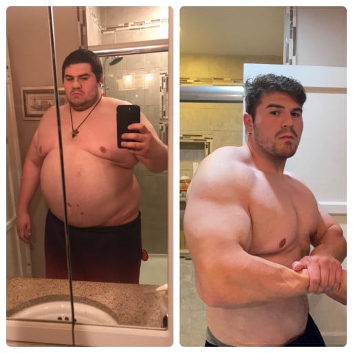A progress pic of a 6'2" man showing a fat loss from 460 pounds to 310 pounds. A respectable loss of 150 pounds.