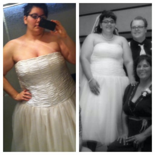 A before and after photo of a 5'9" female showing a weight cut from 327 pounds to 262 pounds. A total loss of 65 pounds.