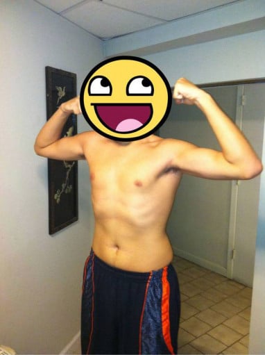 A before and after photo of a 5'10" male showing a muscle gain from 157 pounds to 170 pounds. A total gain of 13 pounds.