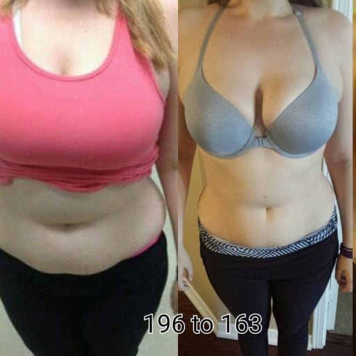 A picture of a 5'8" female showing a weight loss from 196 pounds to 163 pounds. A total loss of 33 pounds.