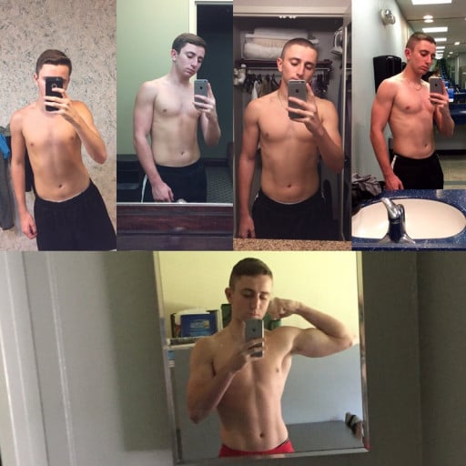 A progress pic of a 5'7" man showing a muscle gain from 140 pounds to 157 pounds. A net gain of 17 pounds.