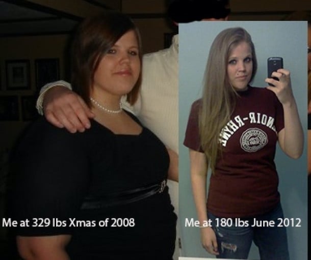 A progress pic of a 5'10" woman showing a fat loss from 329 pounds to 180 pounds. A total loss of 149 pounds.