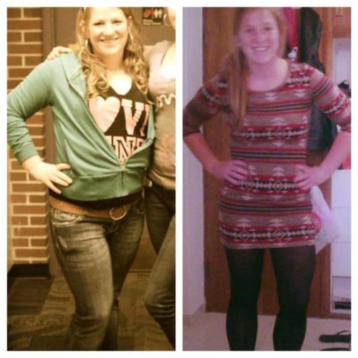 A before and after photo of a 5'4" female showing a weight loss from 195 pounds to 150 pounds. A respectable loss of 45 pounds.