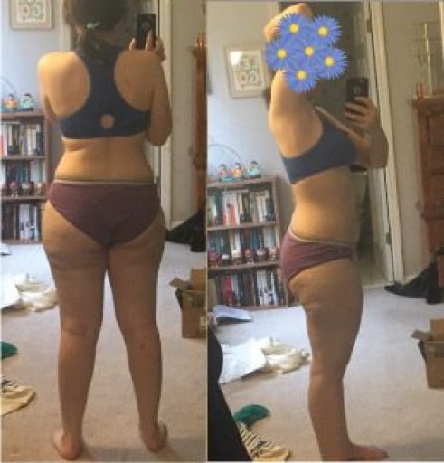 A before and after photo of a 5'5" female showing a weight cut from 205 pounds to 159 pounds. A total loss of 46 pounds.