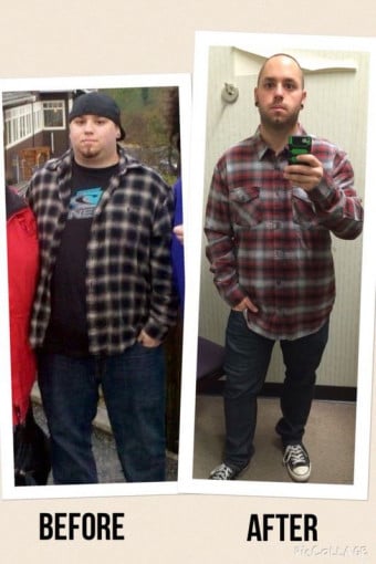 A progress pic of a 5'7" man showing a fat loss from 292 pounds to 199 pounds. A total loss of 93 pounds.
