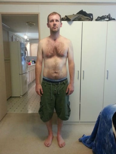 A before and after photo of a 5'10" male showing a fat loss from 200 pounds to 165 pounds. A net loss of 35 pounds.