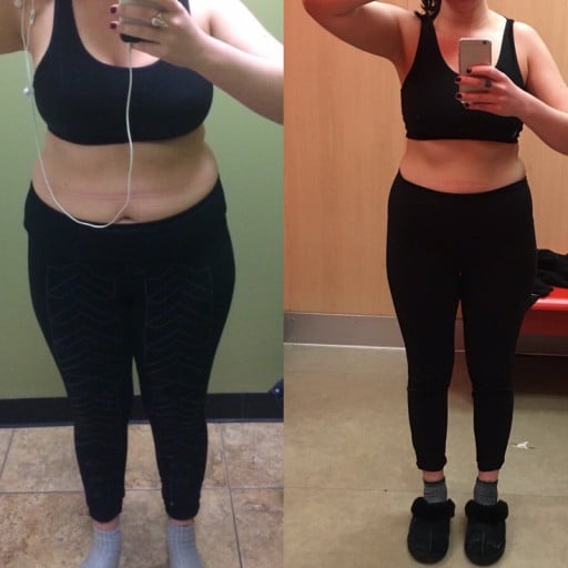 A before and after photo of a 5'5" female showing a weight loss from 182 pounds to 152 pounds. A net loss of 30 pounds.