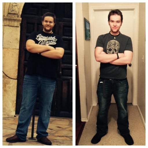 A before and after photo of a 5'9" male showing a weight reduction from 279 pounds to 192 pounds. A net loss of 87 pounds.