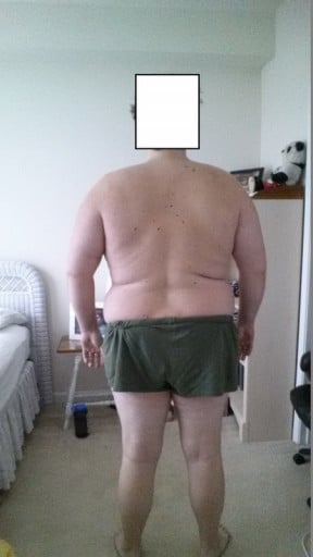 A before and after photo of a 6'0" male showing a snapshot of 308 pounds at a height of 6'0