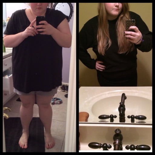 A picture of a 5'3" female showing a weight loss from 305 pounds to 240 pounds. A total loss of 65 pounds.
