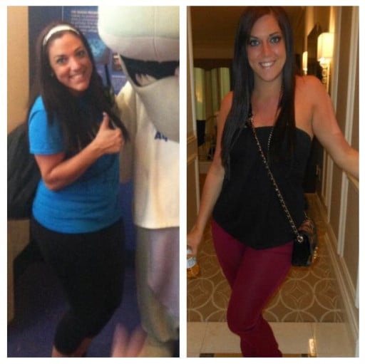 A picture of a 5'3" female showing a weight loss from 178 pounds to 148 pounds. A total loss of 30 pounds.