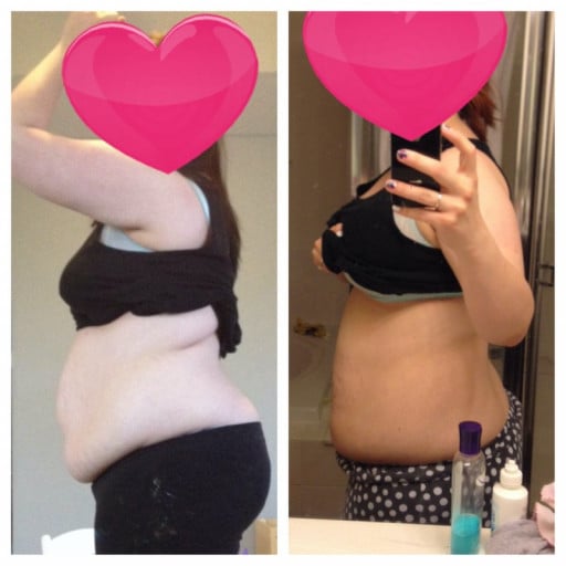 A before and after photo of a 5'6" female showing a weight cut from 230 pounds to 200 pounds. A total loss of 30 pounds.