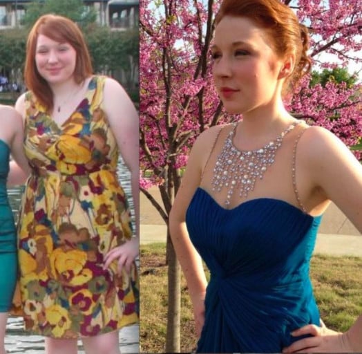 A progress pic of a 5'8" woman showing a fat loss from 205 pounds to 145 pounds. A respectable loss of 60 pounds.