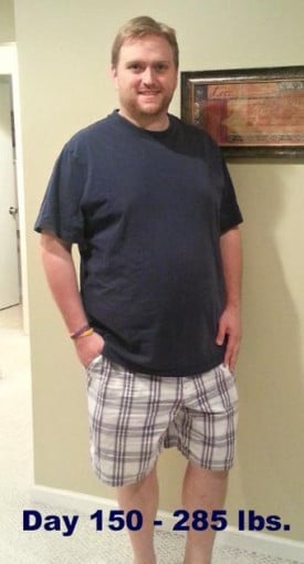 A progress pic of a 6'1" man showing a weight reduction from 375 pounds to 285 pounds. A total loss of 90 pounds.