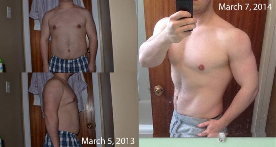 A progress pic of a 5'6" man showing a fat loss from 195 pounds to 180 pounds. A net loss of 15 pounds.