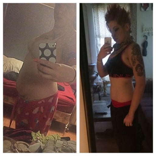 A before and after photo of a 5'7" female showing a weight cut from 200 pounds to 140 pounds. A respectable loss of 60 pounds.