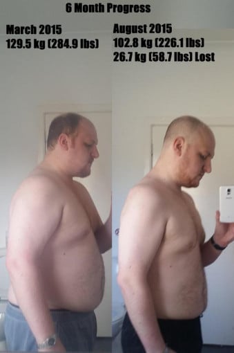 A progress pic of a 5'9" man showing a weight reduction from 285 pounds to 226 pounds. A net loss of 59 pounds.