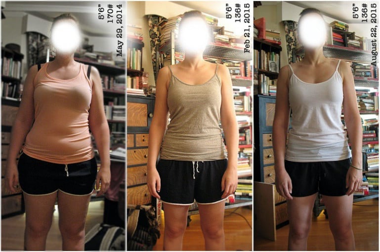 A picture of a 5'6" female showing a weight reduction from 173 pounds to 136 pounds. A respectable loss of 37 pounds.