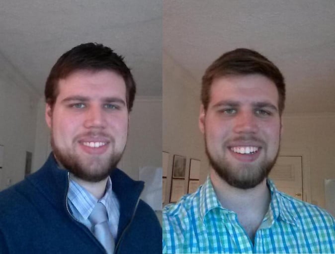 A progress pic of a 6'3" man showing a fat loss from 285 pounds to 215 pounds. A total loss of 70 pounds.