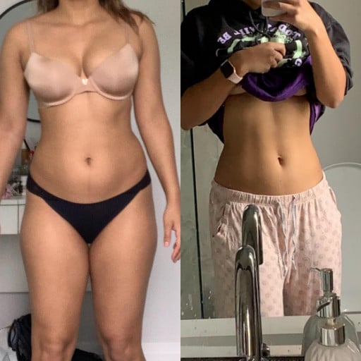 A picture of a 5'2" female showing a weight loss from 130 pounds to 120 pounds. A total loss of 10 pounds.