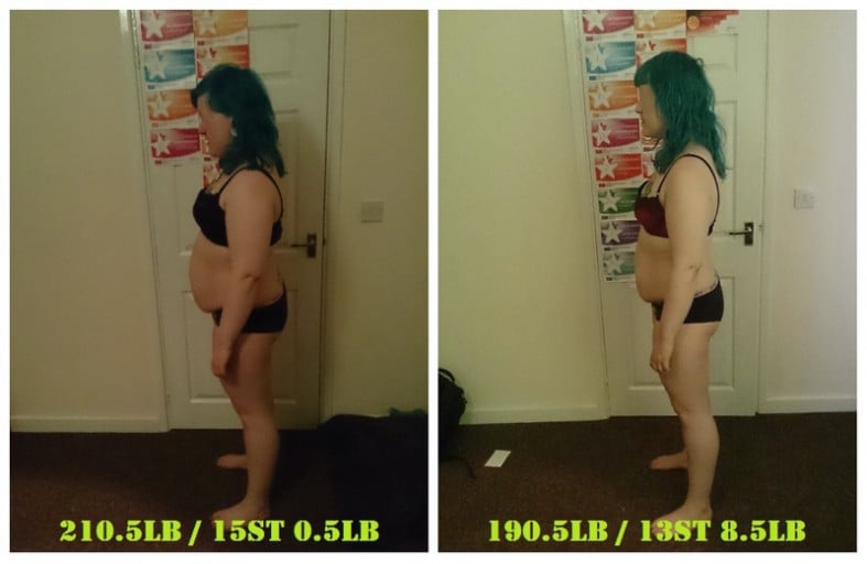 A progress pic of a 5'7" woman showing a weight loss from 210 pounds to 190 pounds. A net loss of 20 pounds.