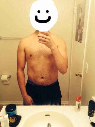 A progress pic of a 5'11" man showing a fat loss from 198 pounds to 184 pounds. A net loss of 14 pounds.