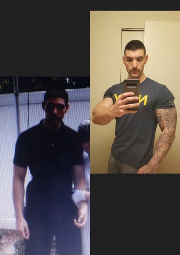 A before and after photo of a 5'10" male showing a muscle gain from 130 pounds to 182 pounds. A net gain of 52 pounds.
