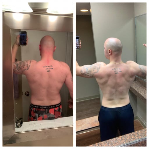 A before and after photo of a 6'0" male showing a weight reduction from 225 pounds to 205 pounds. A respectable loss of 20 pounds.