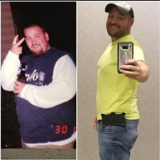 A progress pic of a 5'5" man showing a fat loss from 300 pounds to 160 pounds. A respectable loss of 140 pounds.