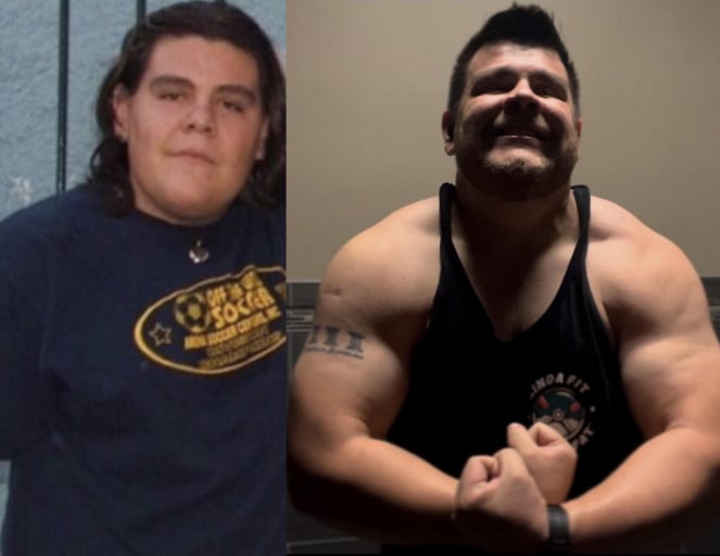 A progress pic of a 5'9" man showing a fat loss from 400 pounds to 250 pounds. A total loss of 150 pounds.