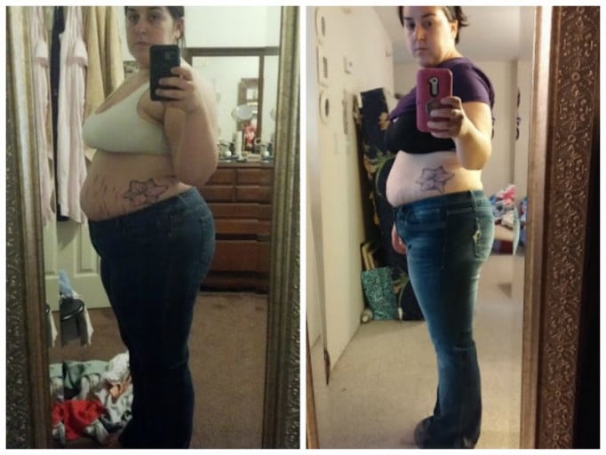A picture of a 5'4" female showing a weight loss from 238 pounds to 199 pounds. A net loss of 39 pounds.