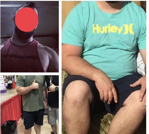 A progress pic of a 5'11" man showing a fat loss from 285 pounds to 230 pounds. A total loss of 55 pounds.