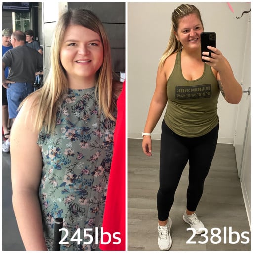 A progress pic of a 5'10" woman showing a fat loss from 245 pounds to 238 pounds. A total loss of 7 pounds.