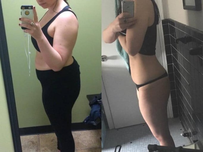 A before and after photo of a 5'5" female showing a weight reduction from 178 pounds to 148 pounds. A respectable loss of 30 pounds.