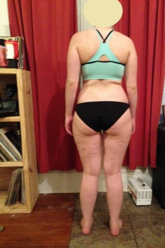 A before and after photo of a 5'6" female showing a weight cut from 161 pounds to 147 pounds. A respectable loss of 14 pounds.