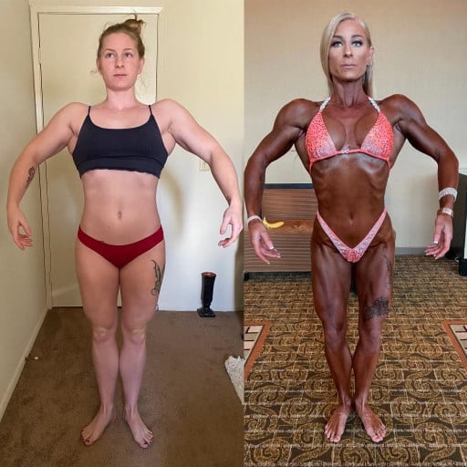 A photo of a 5'4" woman showing a weight cut from 141 pounds to 117 pounds. A net loss of 24 pounds.